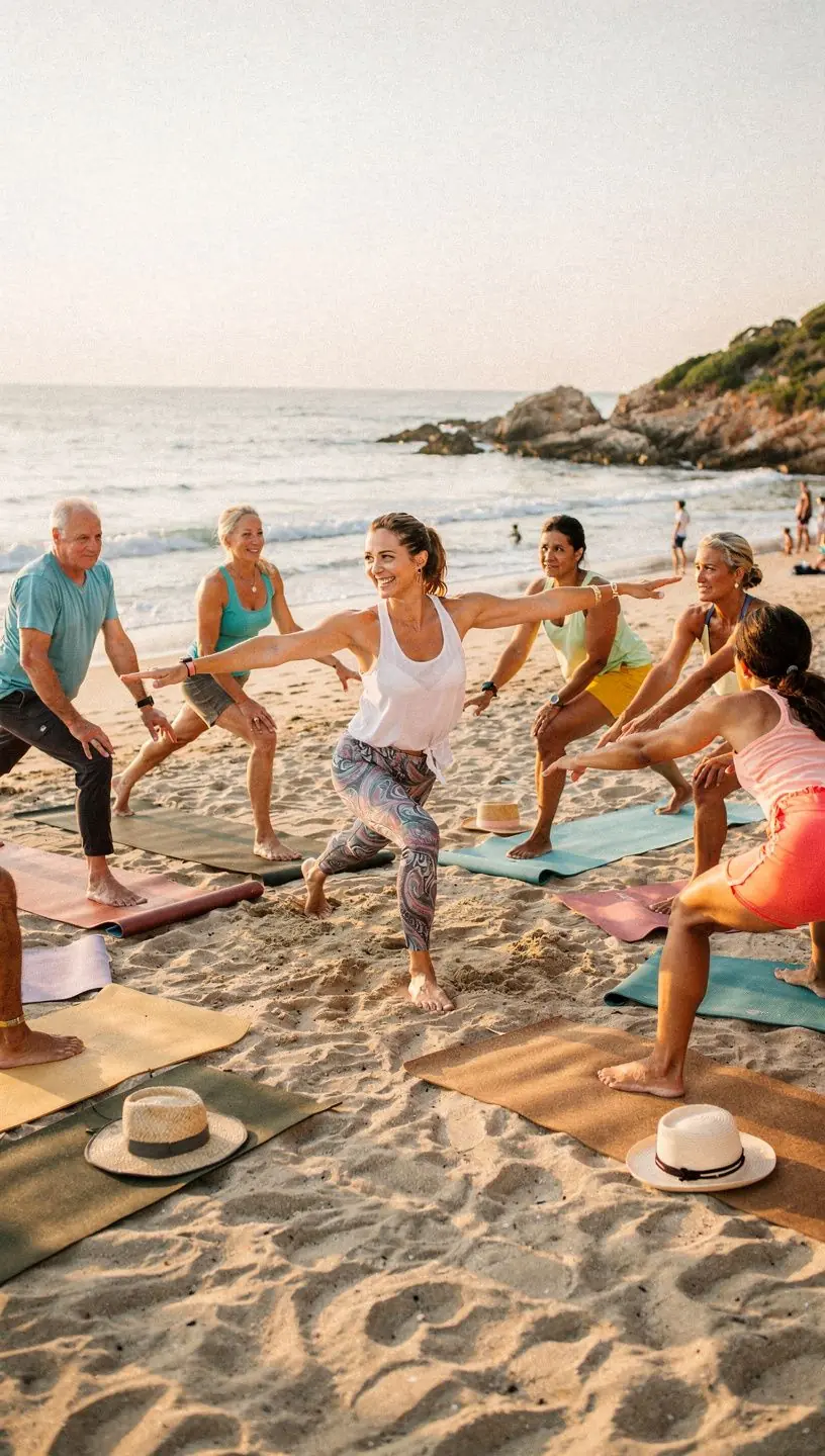 Una persona realizando saludos al sol en un entorno tranquilo al amanecer.