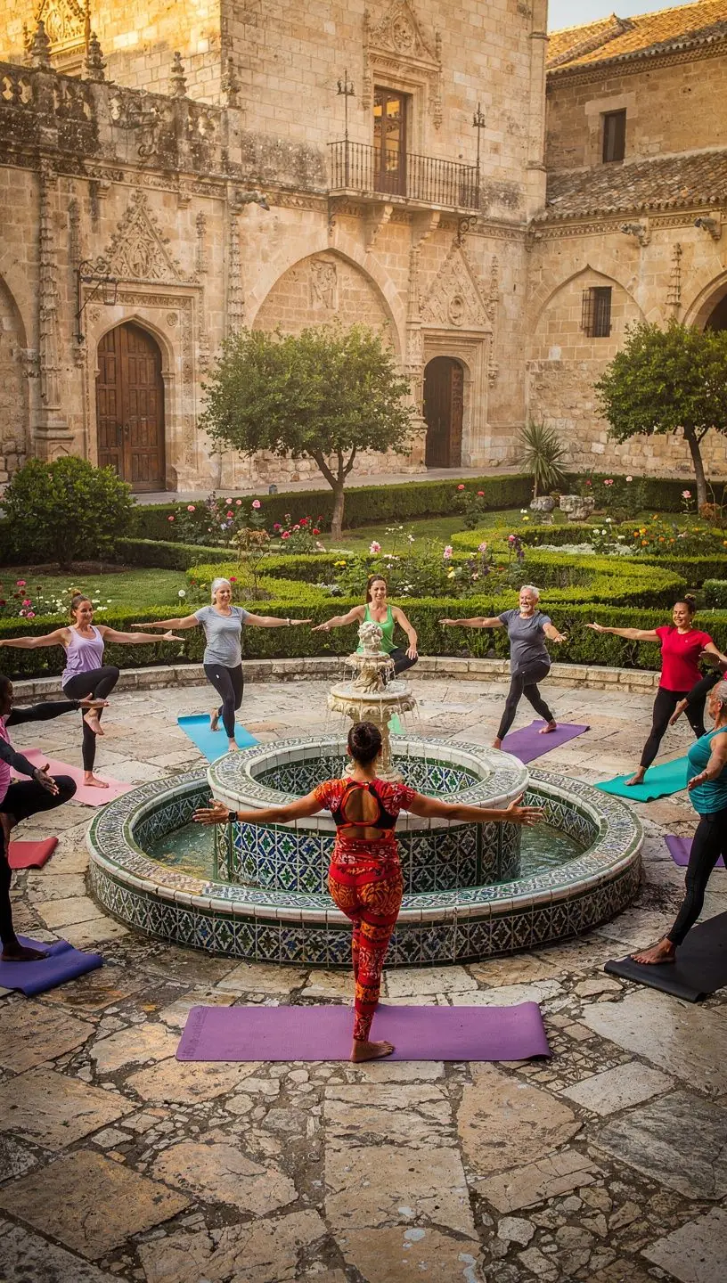 Grupo de yoguis en una secuencia energizante, disfrutando de la luz del sol en una playa.