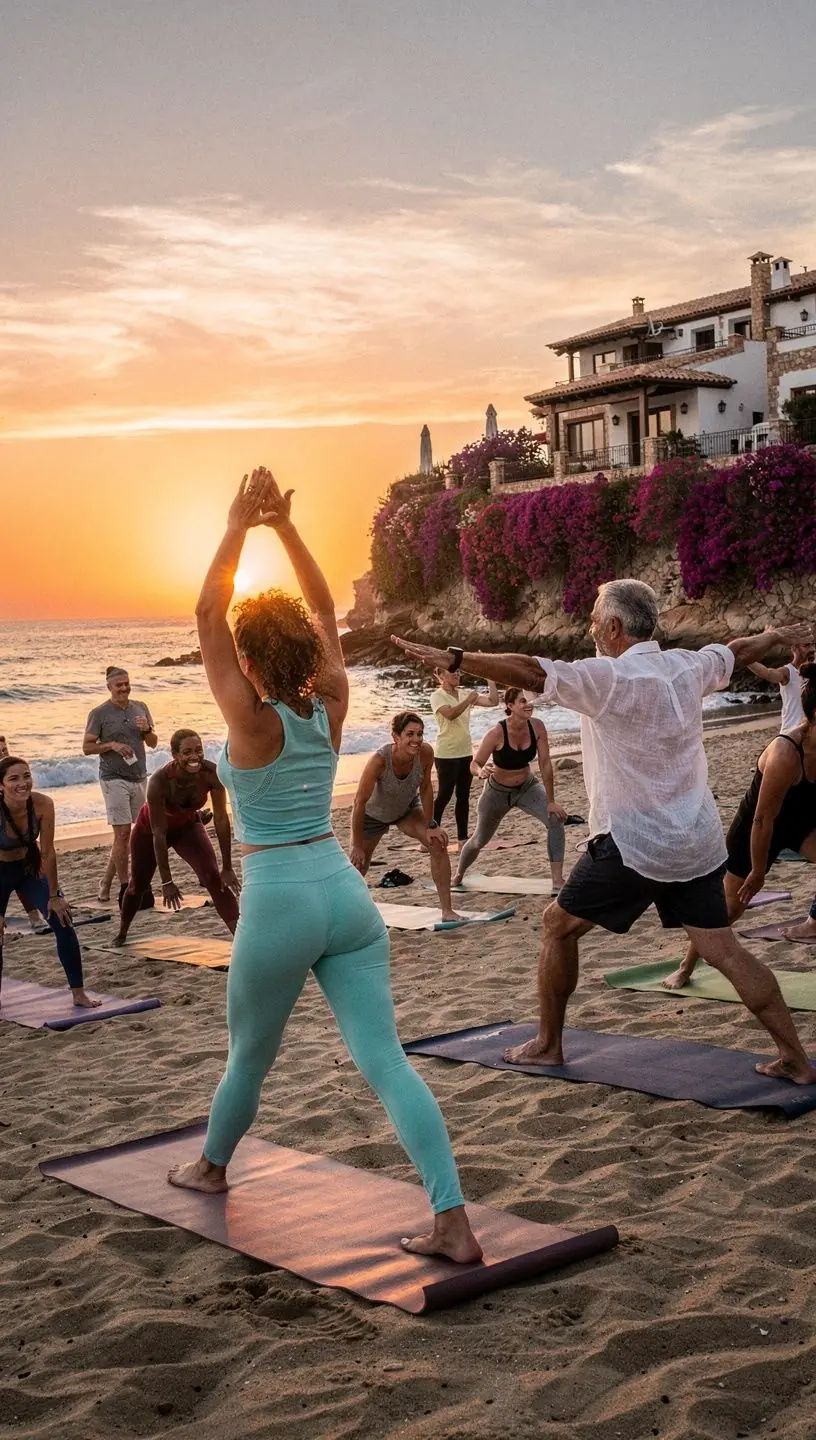 Grupo de yoguis en una secuencia energizante, disfrutando de la luz del sol en una playa.