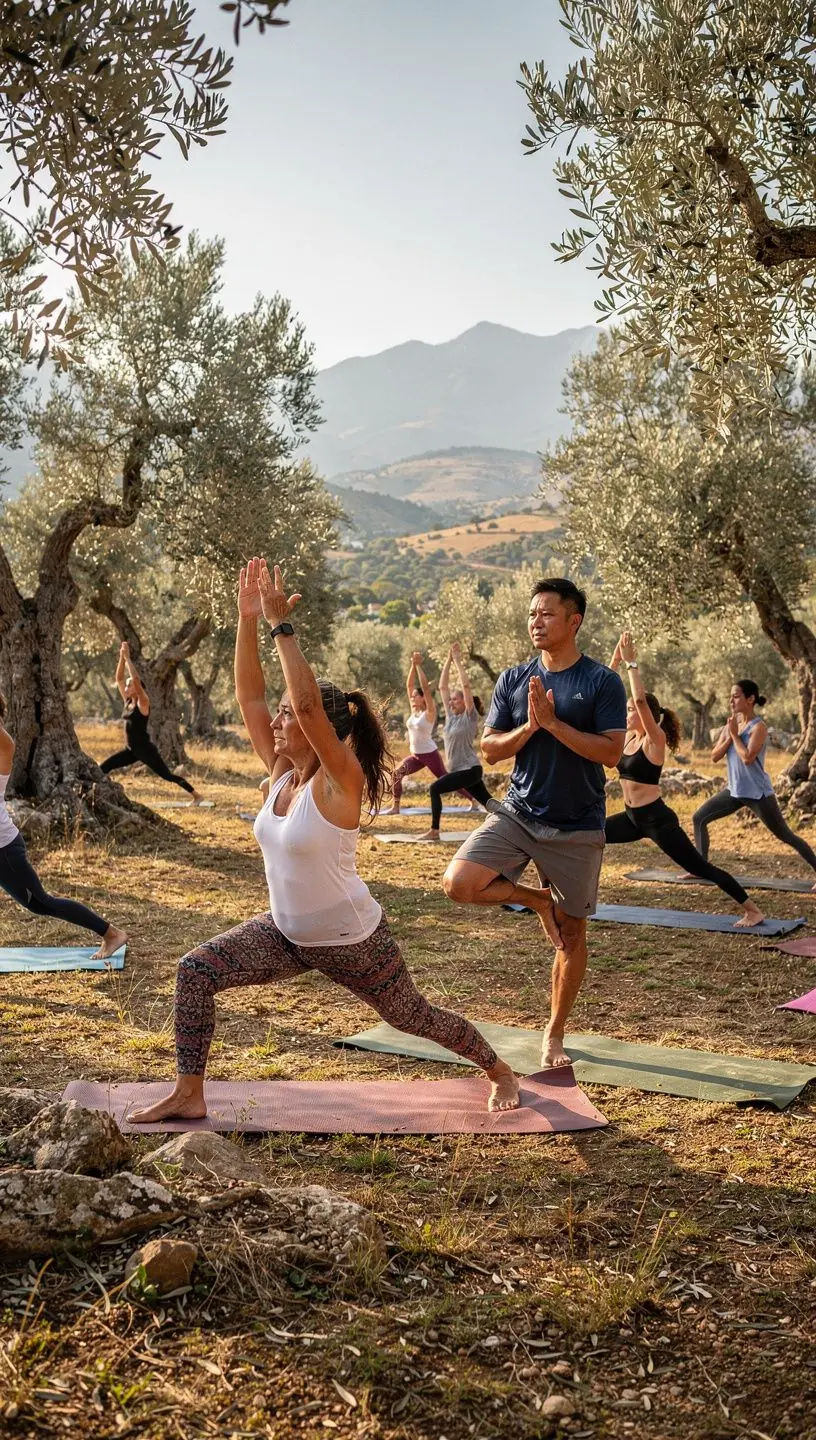 Grupo de yoguis en una secuencia energizante, disfrutando de la luz del sol en una playa.