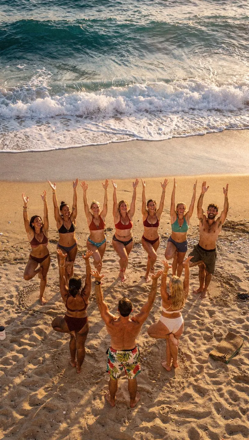 Grupo de yoguis en una secuencia energizante, disfrutando de la luz del sol en una playa.
