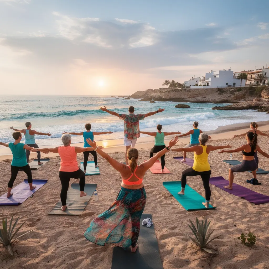 Grupo de yoguis en una secuencia energizante, disfrutando de la luz del sol en una playa.