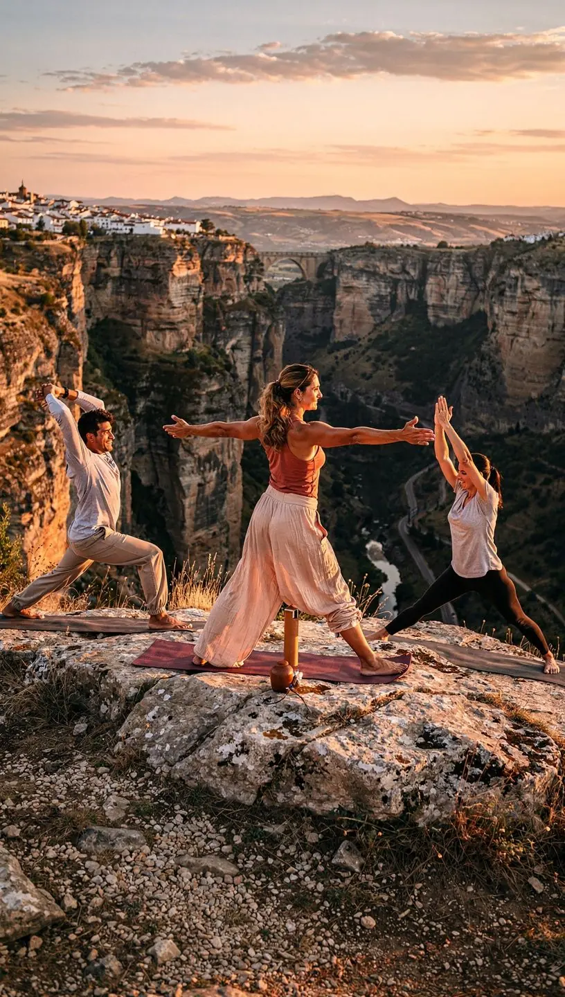 Grupo de yoguis en una secuencia energizante, disfrutando de la luz del sol en una playa.