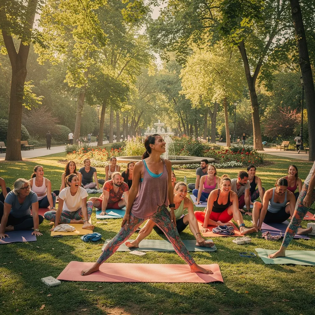 Grupo de yoguis en una secuencia energizante, disfrutando de la luz del sol en una playa.