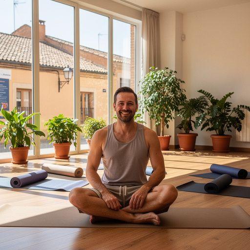 Hombre meditando en la cima de una colina, rodeado de naturaleza durante el amanecer.