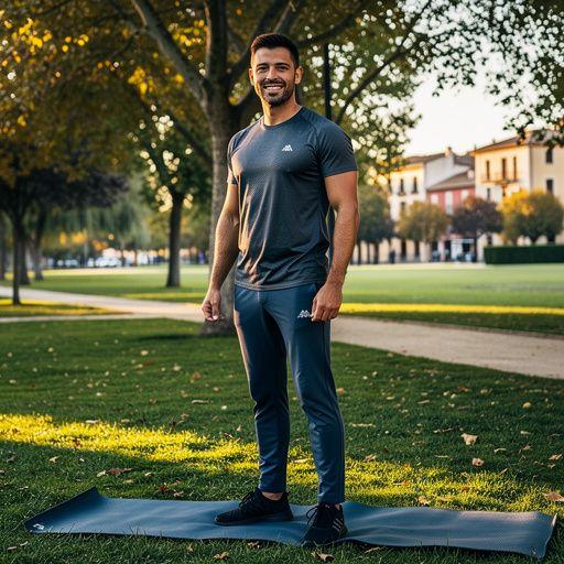 Postura de guerrero en un estudio de yoga iluminado con luz natural.