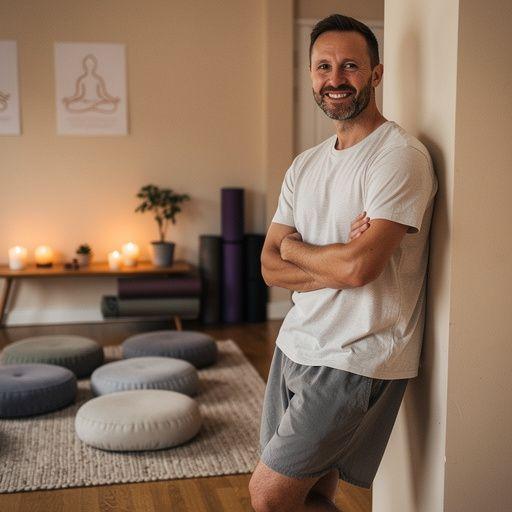 Vista panorámica de un paisaje sereno mientras se practica yoga al amanecer.